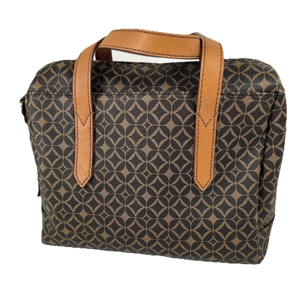 Fossil Sydney Satchel Purse Brown Multi Canvas Coated Logo Handbag No Strap Vntg